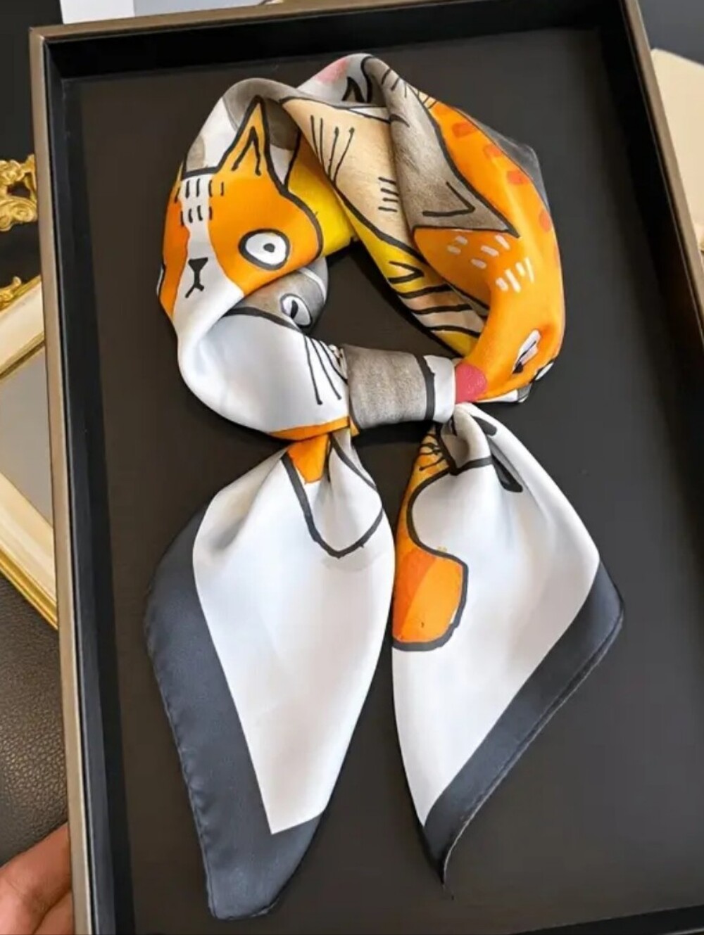 Silk-feel White & Yellow Cat Print Scarf Head Scarf , Neck Scarf - Picture 3 of 3